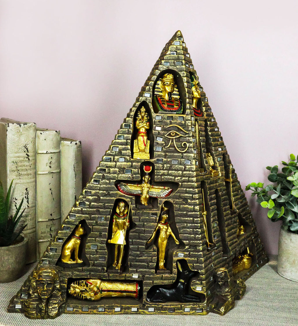 Egyptian Pyramid Statue with 16 Miniature Gods Anubis Osiris Isis Maat Bastet