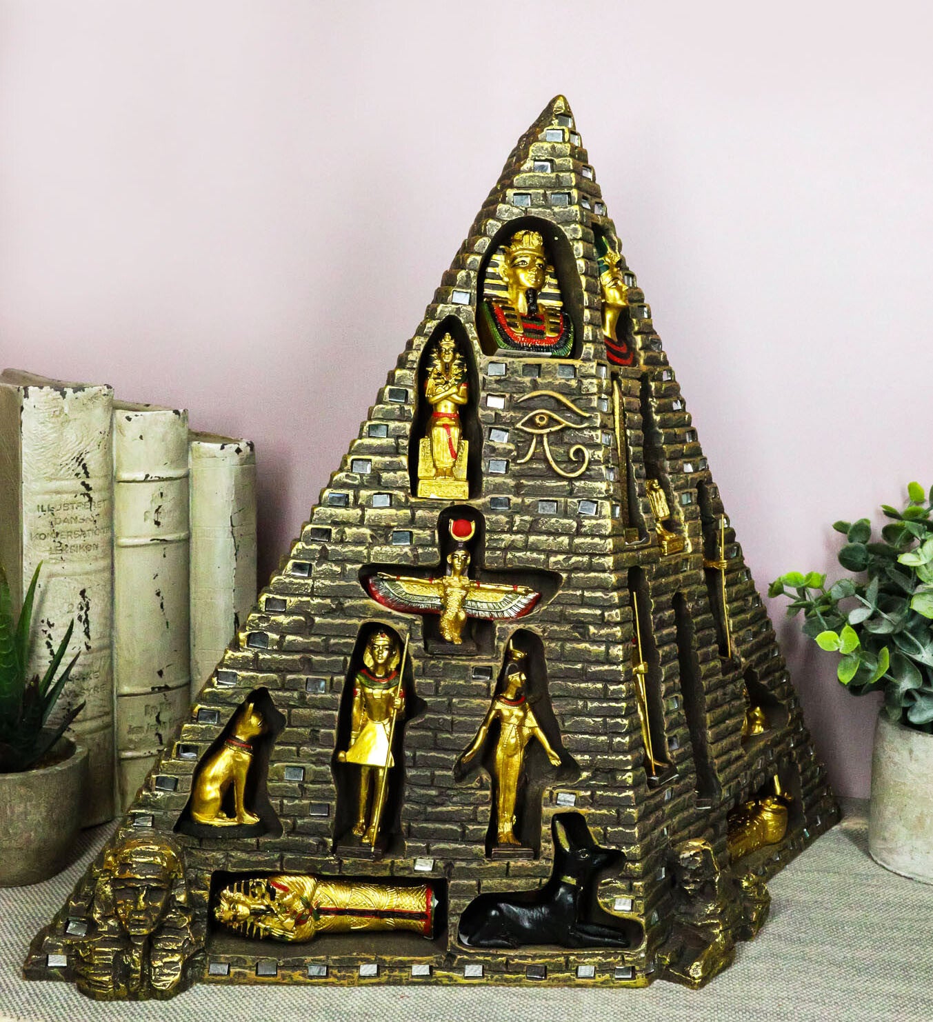 Egyptian Pyramid Statue with 16 Miniature Gods Anubis Osiris Isis Maat Bastet