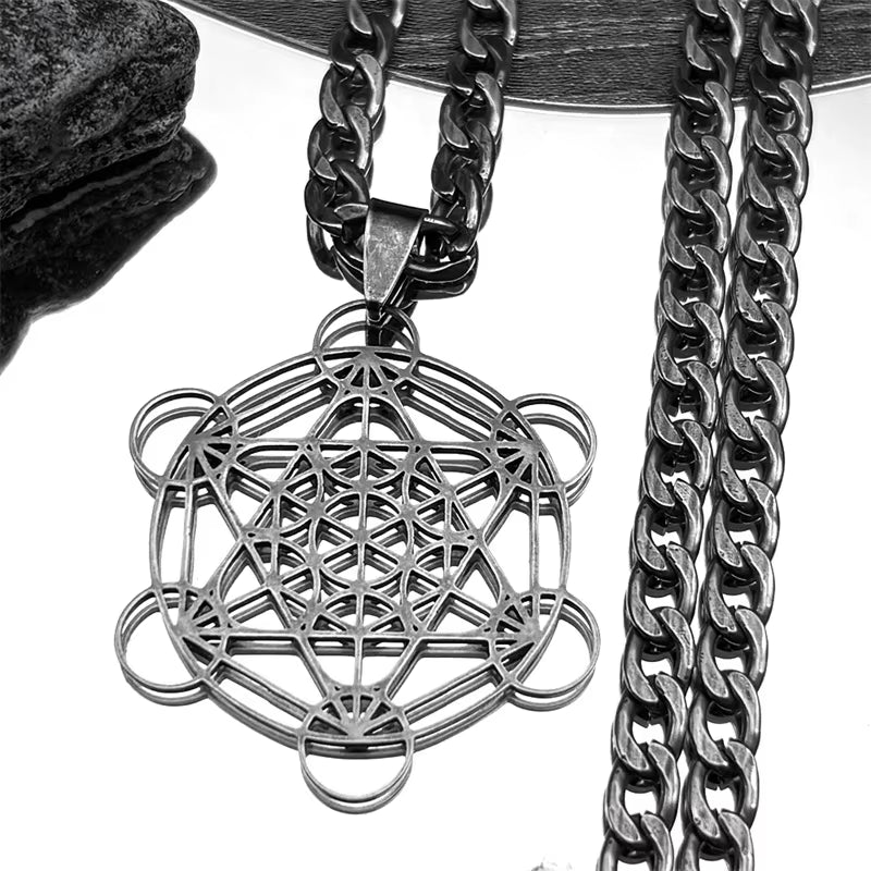 Flower of Life Chakra Spiritual Necklace for Women Stainless Steel Sacred Geometry Metatron Cube Salomon Men Collar Jewelry