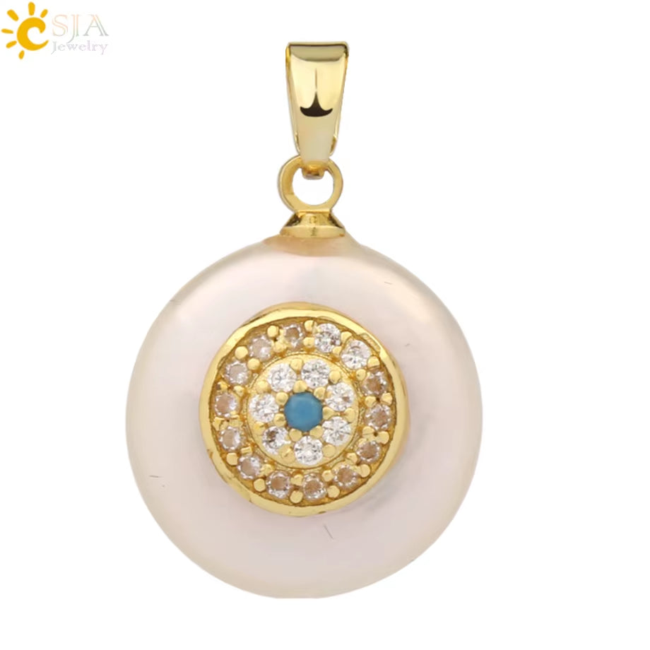 CSJA Coin Freshwater Pearl Pendants Small Size Evil Eye Hamsa Fatima Hand Zircon Gold Color Necklace Choker for Women Girls G205