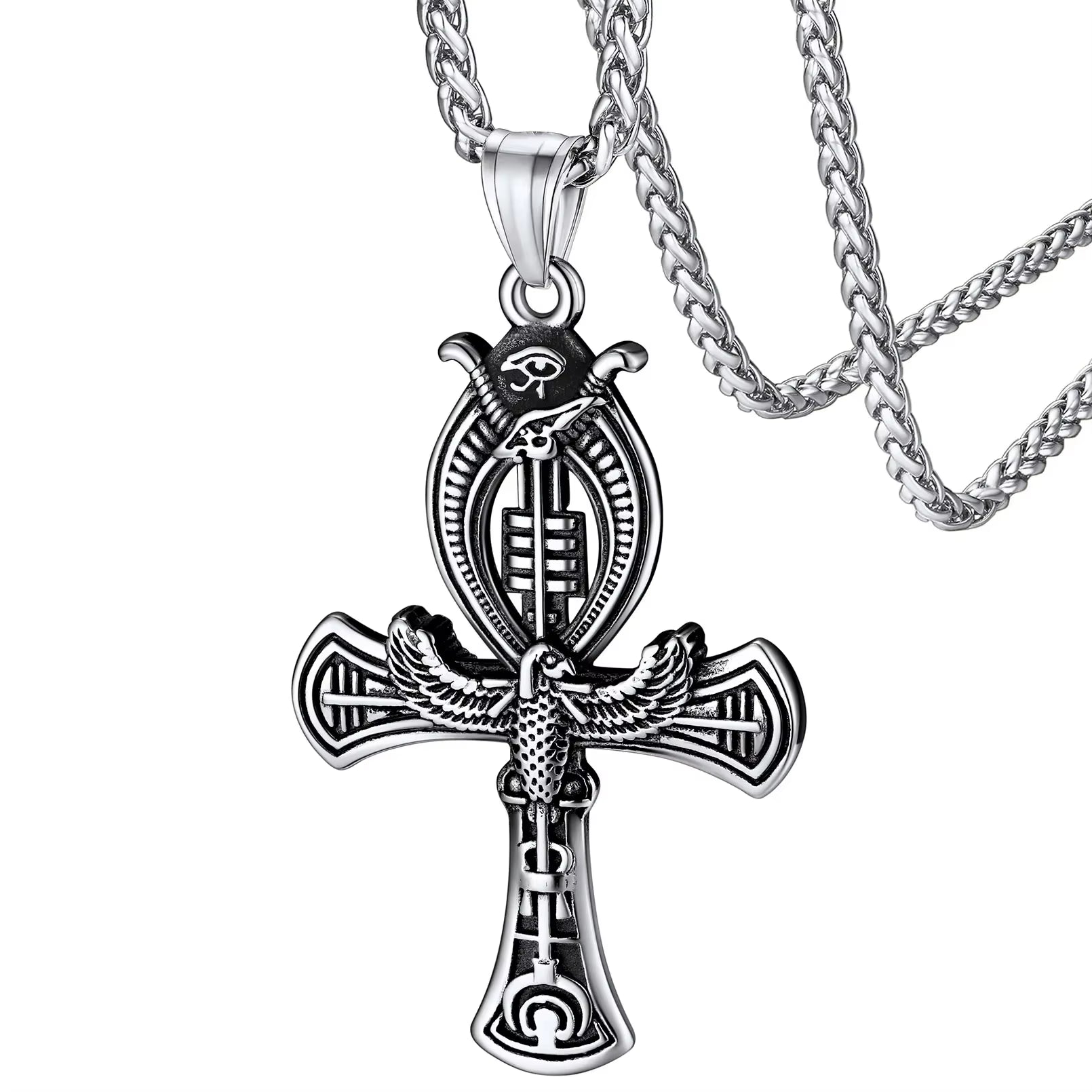 Ancient Egyptian Symbol Necklaces Stainless Steel Eagle Triangle Pyramid Ankh Cross Bastet Anubis Pharaoh Pendant Jewelry