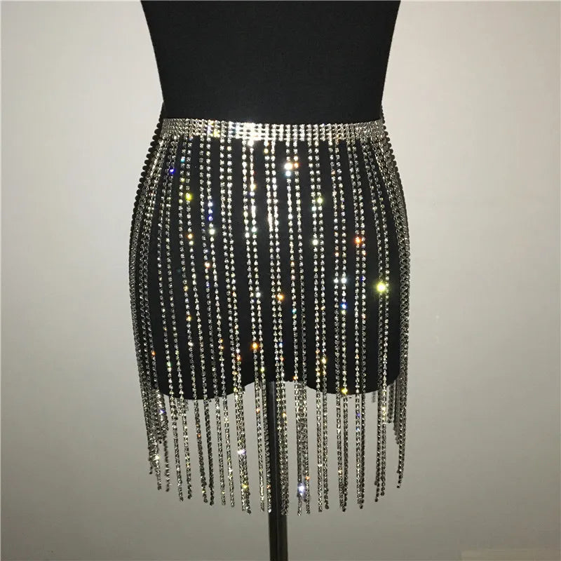 Glitter Rhinestone Long Tassel Jewel Skirts Crystal Diamonds Fringe Adjustable Sexy Women Summer Beach Bikini Mini Skirt