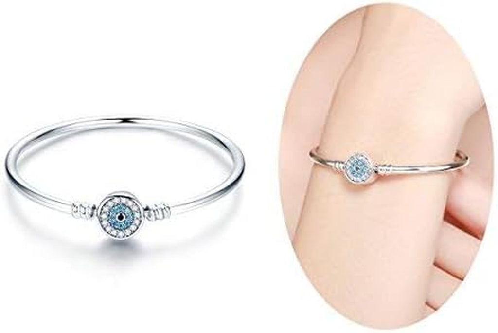 Evil Eye Bracelet Sterling Silver Clasp Charm Bangle Bracelet for Bead Charms with Sapphire Gemstones Evil Eye Clip Lock Stopper(17/19Cm/ 21Cm)