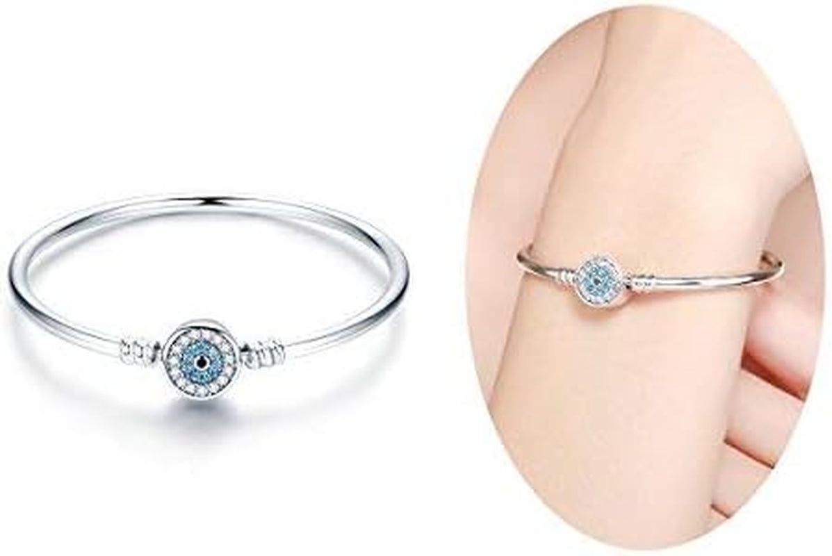 Evil Eye Bracelet Sterling Silver Clasp Charm Bangle Bracelet for Bead Charms with Sapphire Gemstones Evil Eye Clip Lock Stopper(17/19Cm/ 21Cm)