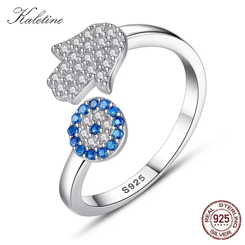 925 Sterling Silver Evil Eye Blue Eye Hamsa Hand Fatima Hand Adjustable Female Rings Open Size Ring Wedding Jewelry