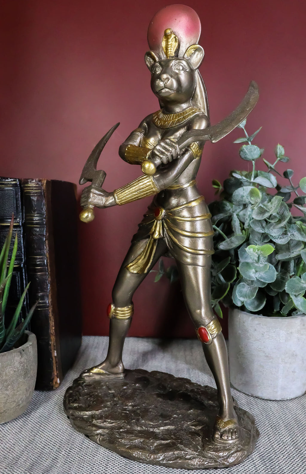 Classical Egyptian Goddess Sekhmet Ra with Solar Disc and Uraeus Statue 11"H