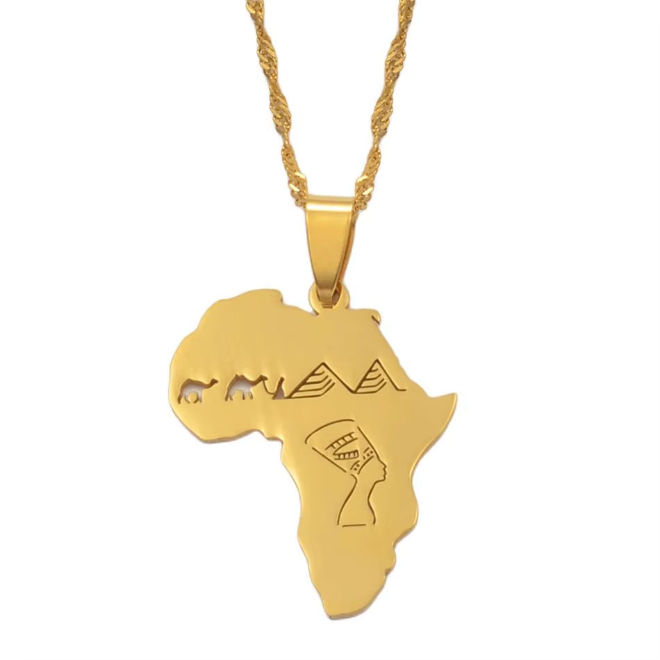 Africa Map with Egyptian Queen Nefertiti Camel Pyramid Pendant Necklaces African Jewelry @112221