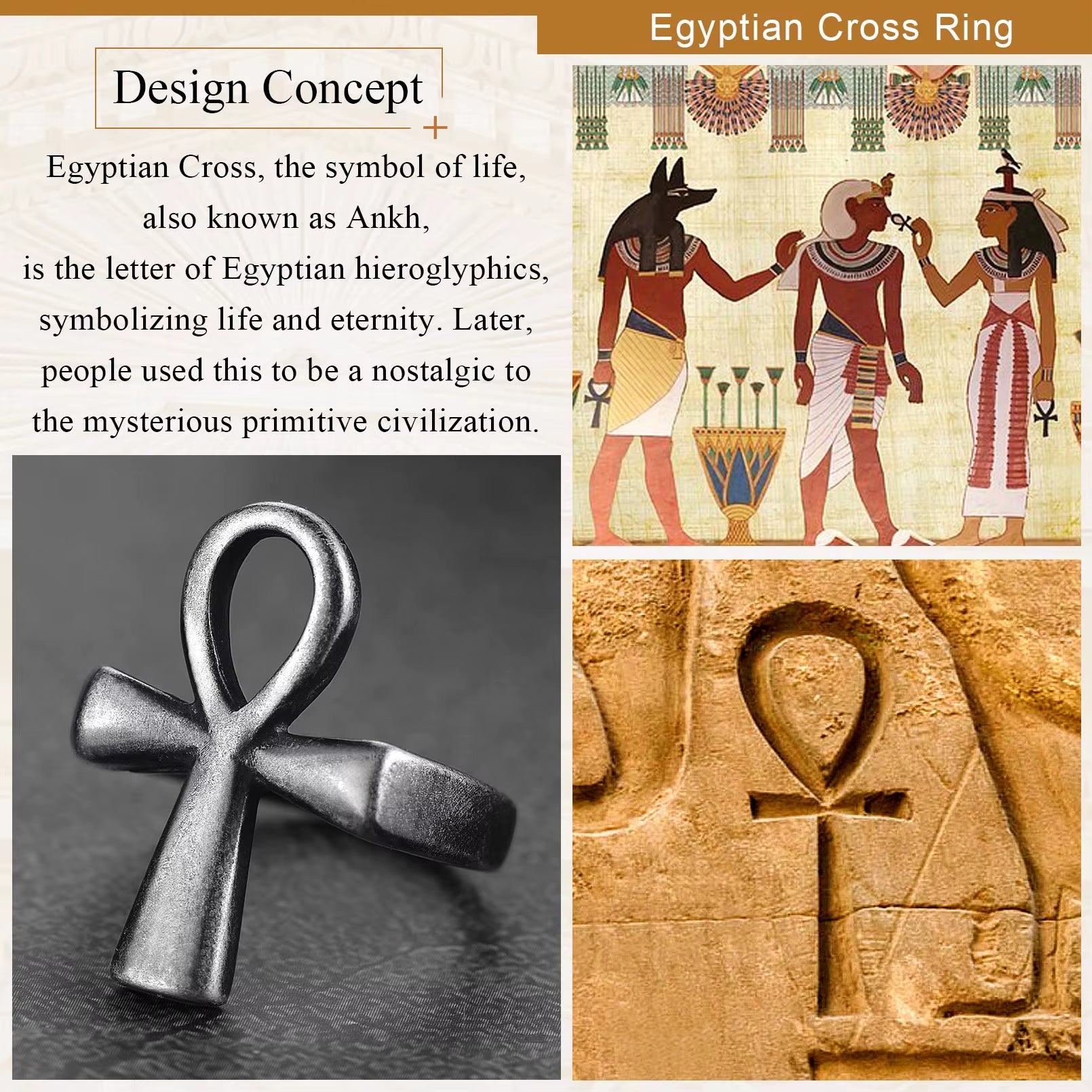 Stainless Steel Ankh Cross Rings for Men Women Egyptian Hieroglyphs Symbol Key of Life Charm Size 7-14 Egypt Jewelry Gift