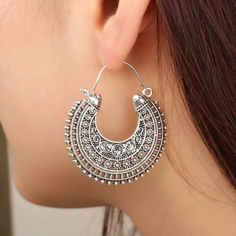 Ancient Tibetan Filigree Flower Ornate Earring Boho Vintage Jewelry Carving Hollow Gypsy Tribal Heart Ear for Women