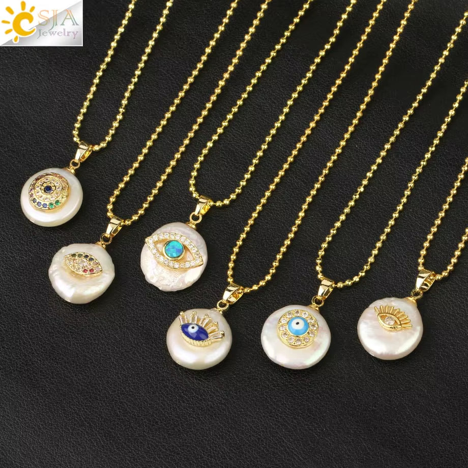 CSJA Coin Freshwater Pearl Pendants Small Size Evil Eye Hamsa Fatima Hand Zircon Gold Color Necklace Choker for Women Girls G205