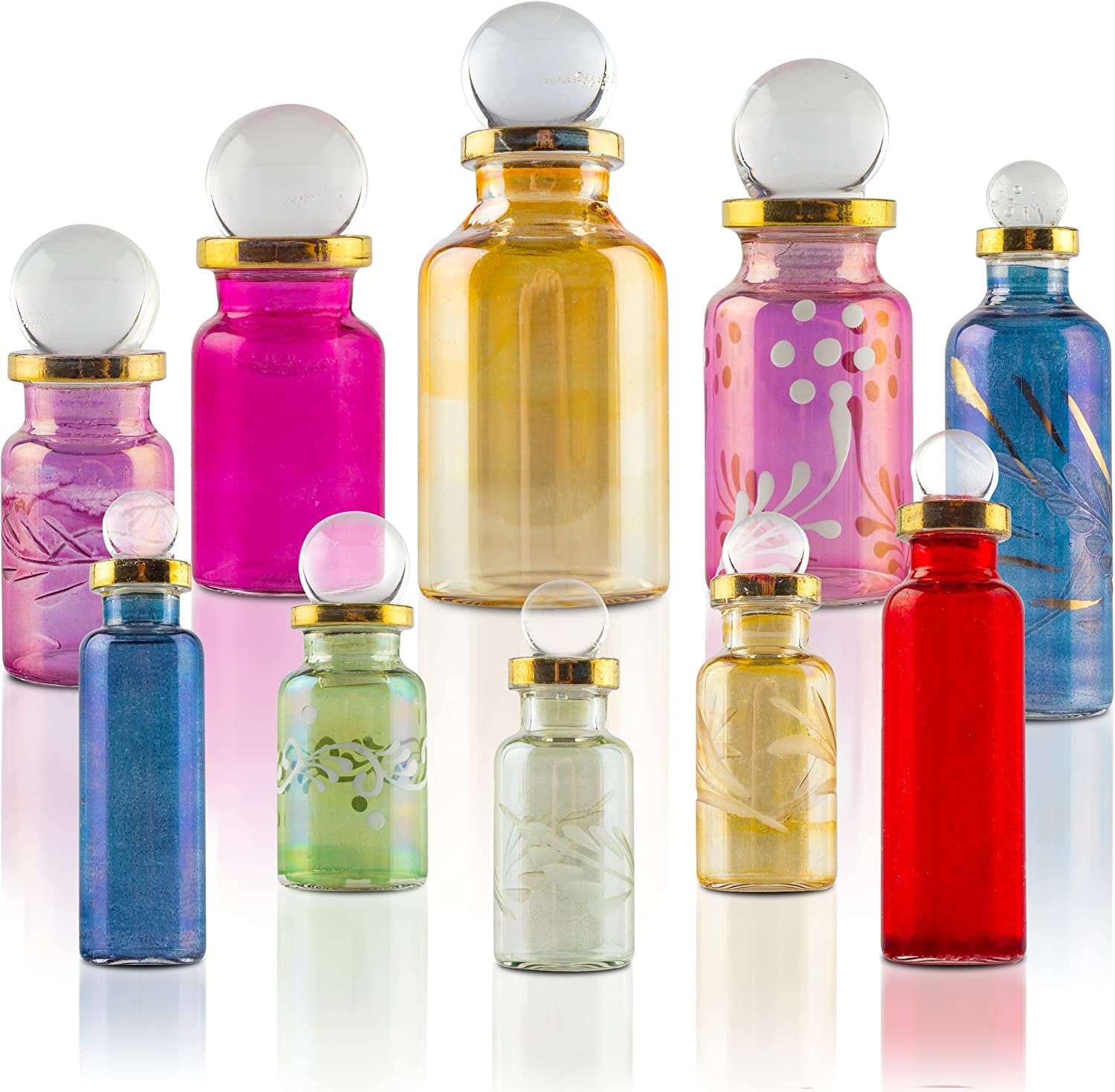 Egyptian Perfume Bottles, Empty Glass Mini Bottles for Perfume, Essential Oils or Potion - Set of 10 Decorative Small Vials, Each 2" High (5Cm), Assorted Colors
