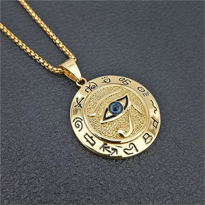Egyptian the Evil Eye of Horus Pendant Necklace for Women/Men Gold Color Stainless Steel Egypt round Jewelry