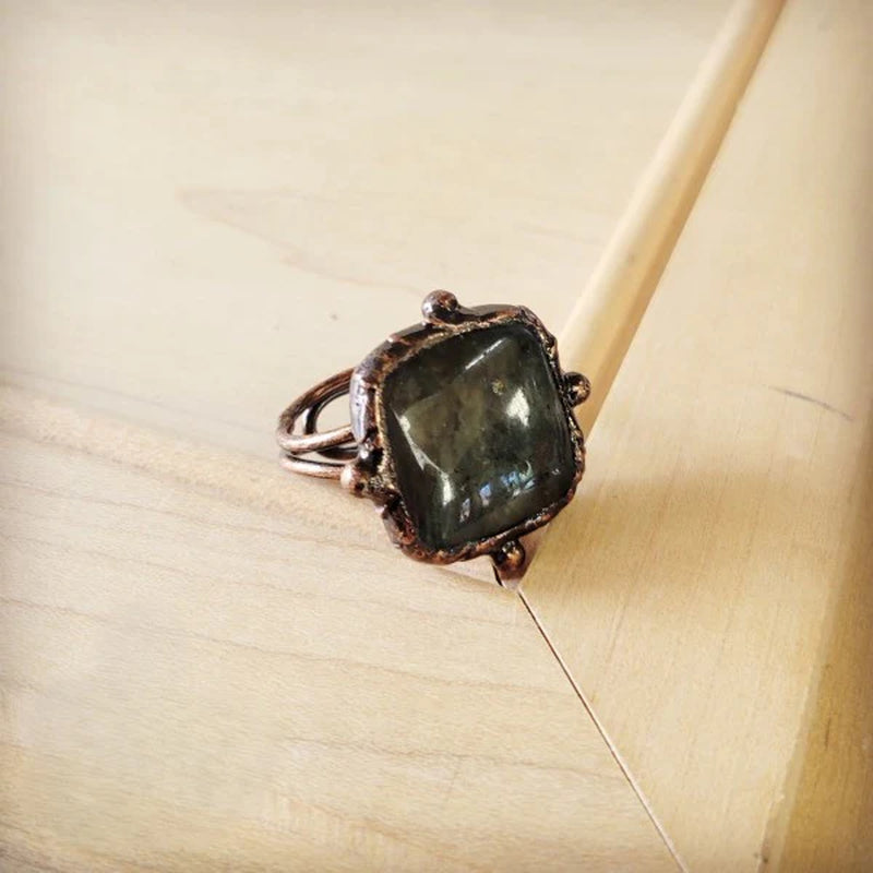 Genuine Labradorite Ring Square Antique Copper