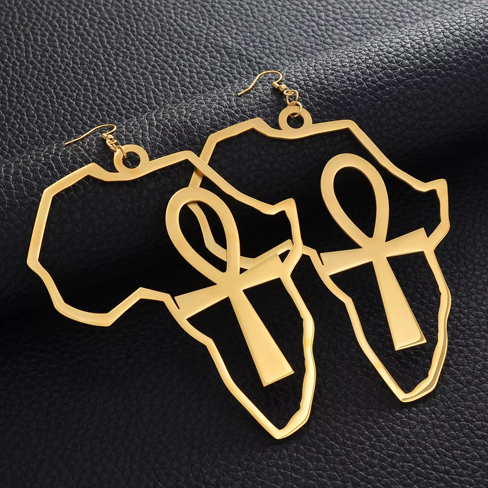 African Map Big Ankh Earrings Exaggerate Larger Earring Africa Egypt Nile Key Traditional Ethnic Hyperbole #154721