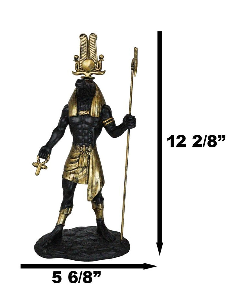 Black and Gold Egyptian God Sobek with Crocodile Head Atef Crown and Ankh Statue