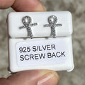 925 Sterling Silver Egyptian Ankh Cross Earrings Iced Flooded Out CZ Screw Back
