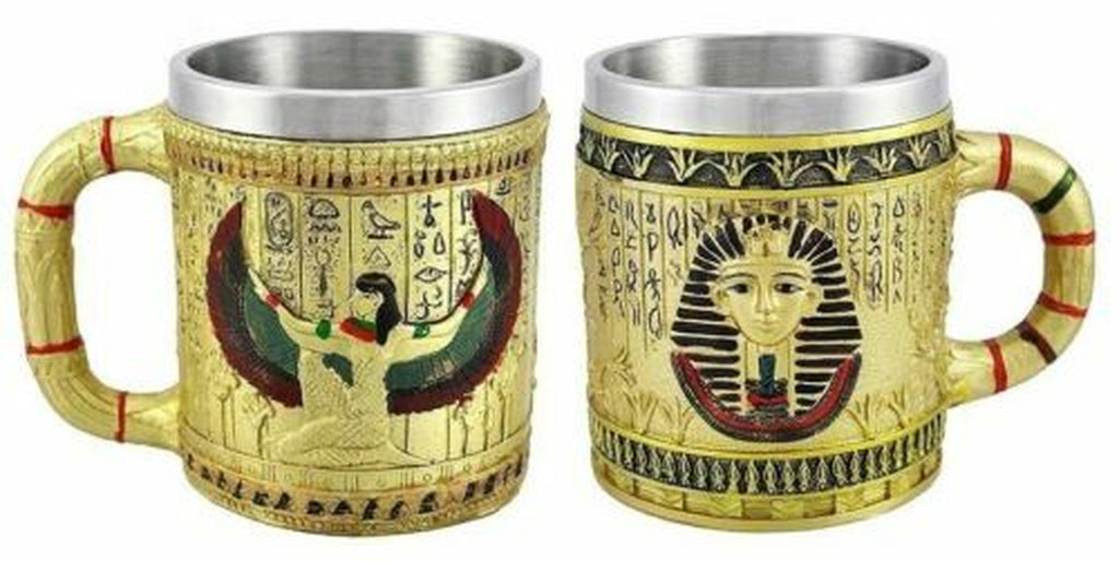 Pair of Golden Egyptian Coffee Mugs Isis/Pharaoh 12 Oz. Tankard Stein Cup