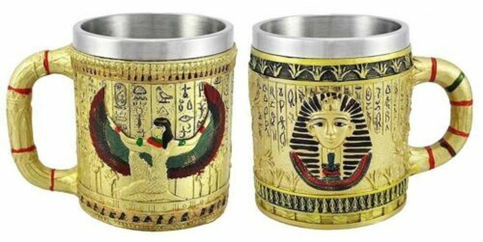 Pair of Golden Egyptian Coffee Mugs Isis/Pharaoh 12 Oz. Tankard Stein Cup