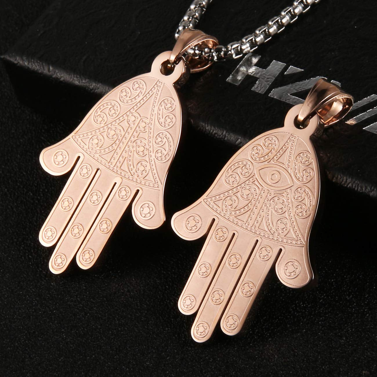 Stainless Steel Egyptian Eye Fatima Hamsa Hand Pendant Necklace Success and Protection Lucky (Rose Gold)