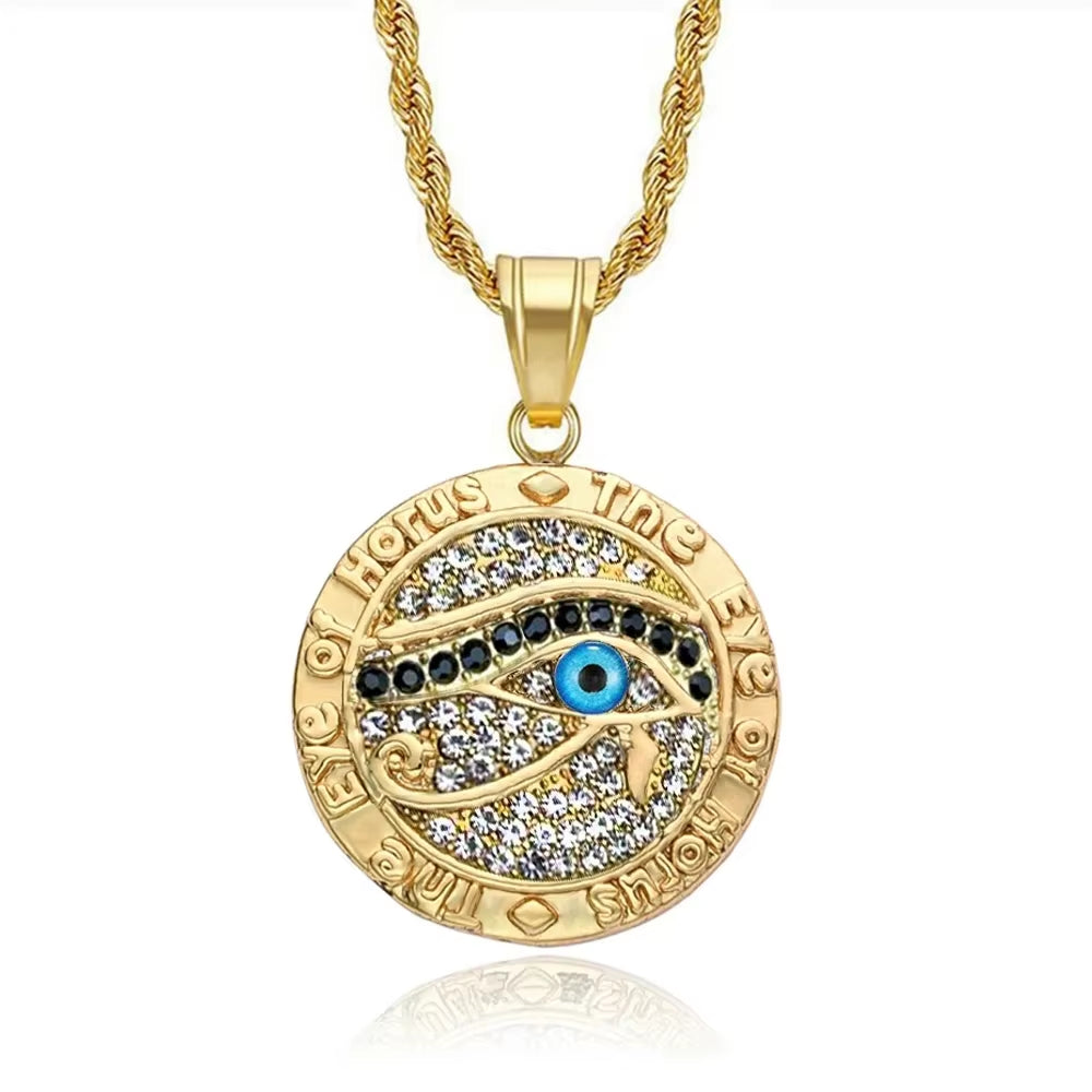 Egyptian Eye of Horus Necklace Pendant & Chain for Men Women Gold Color Stainless Steel round Hiphop Ancient Egypt Jewelry N1238
