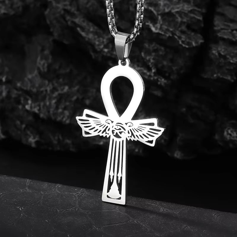 Stainless Steel Ancient Egyptian Ankh Cross Life Key Totem Necklace Men and Women Lucky Amulet Jewelry