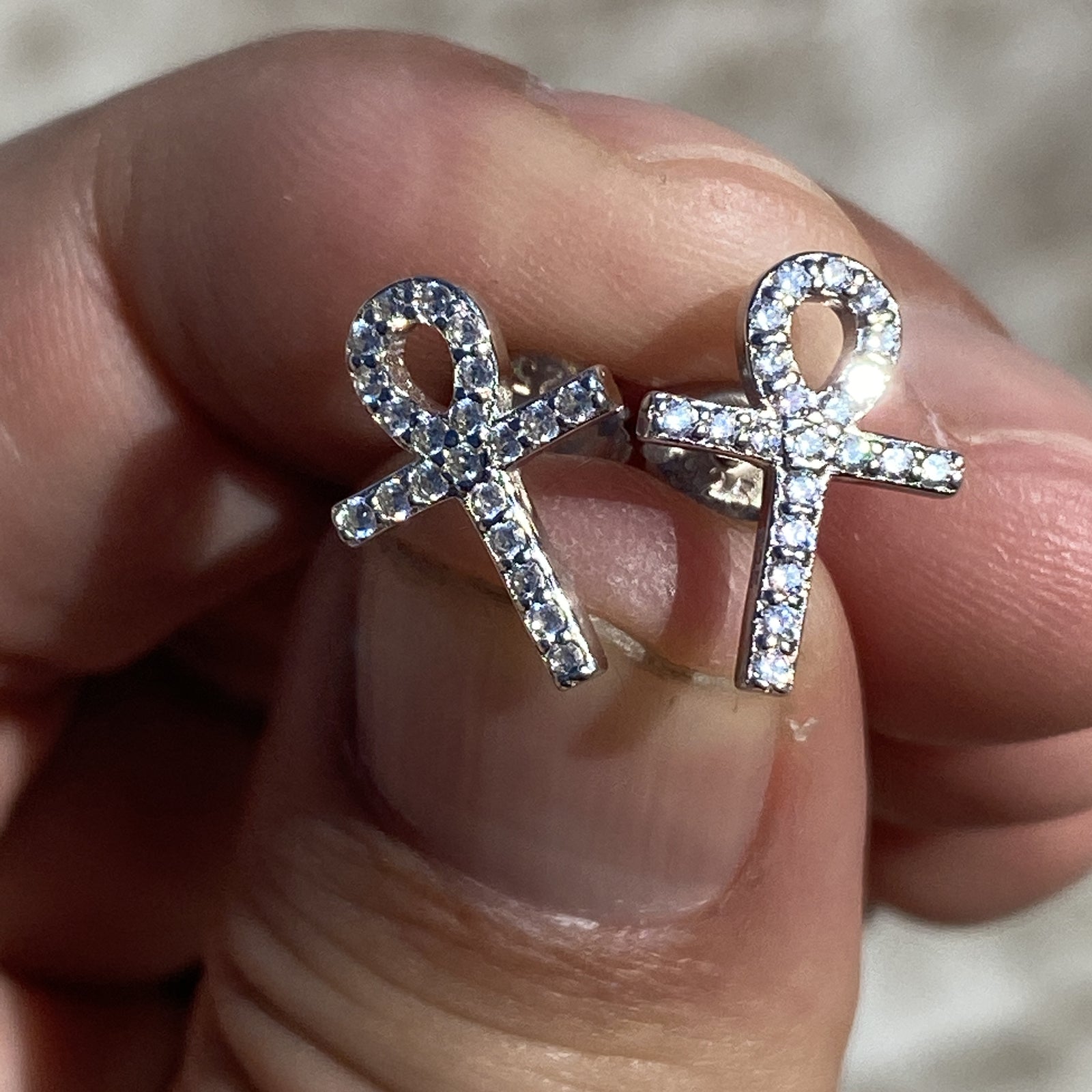 925 Sterling Silver Egyptian Ankh Cross Earrings Iced Flooded Out CZ Screw Back