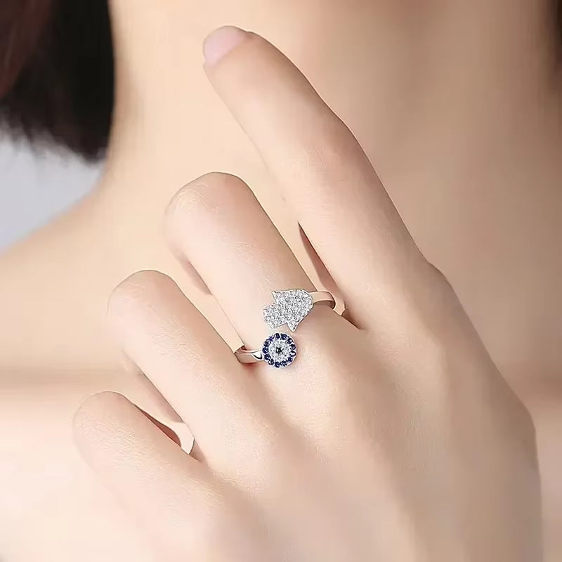 925 Sterling Silver Evil Eye Blue Eye Hamsa Hand Fatima Hand Adjustable Female Rings Open Size Ring Wedding Jewelry