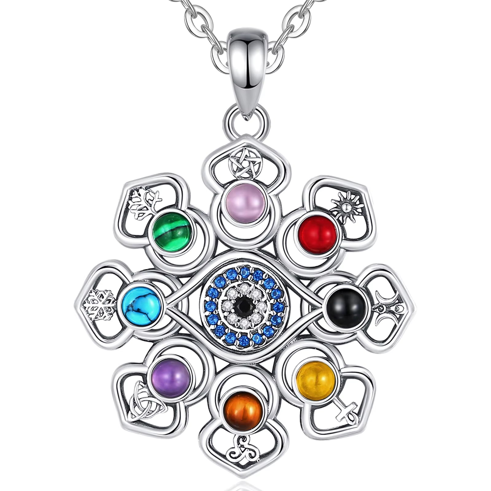 925 Sterling Silver Lotus Evil Eye Necklace Colourful Pentagram Hecate Flower Pendant Personality Jewelry for Women Man