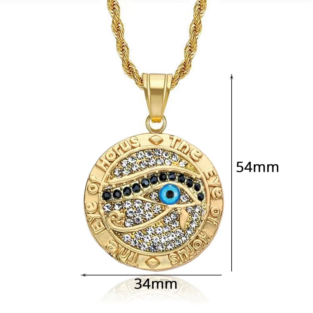Egyptian Eye of Horus Necklace Pendant & Chain for Men Women Gold Color Stainless Steel round Hiphop Ancient Egypt Jewelry N1238