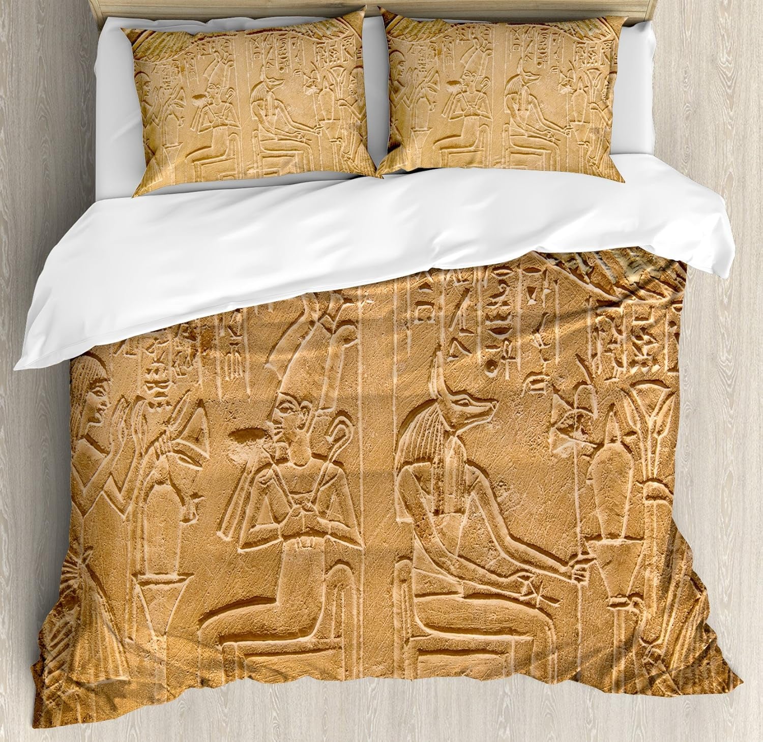 Egyptian Print Duvet Cover Set, Egyptian Hieroglyphs on the Wall Stone Surface Scripts Arts Theme Image, Decorative 3 Piece Bedding Set with 2 Pillow Shams, Queen Size, Brown