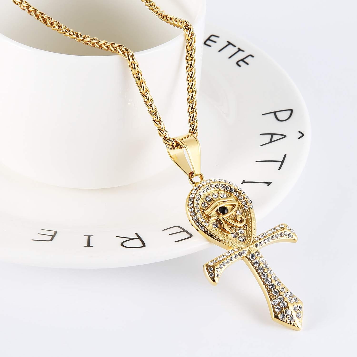 CZ Eye of Horus Egypt Protection Pendant Coptic Ankh Cross Religious Stainless Steel Necklace