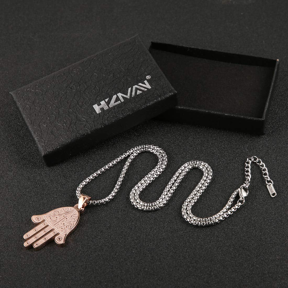 Stainless Steel Egyptian Eye Fatima Hamsa Hand Pendant Necklace Success and Protection Lucky (Rose Gold)