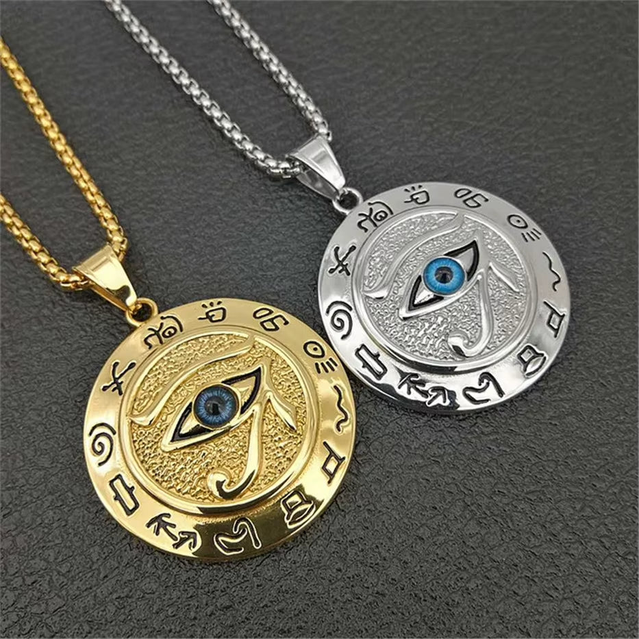 Egyptian the Evil Eye of Horus Pendant Necklace for Women/Men Gold Color Stainless Steel Egypt round Jewelry