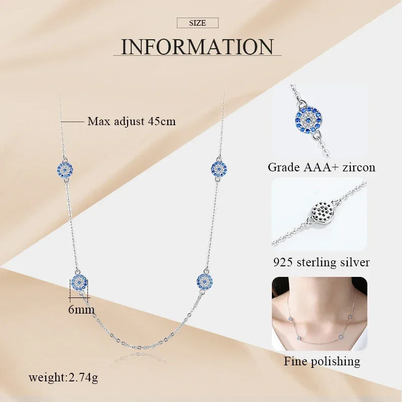 925 Sterling Silver Necklace Earrings Women round Luck Evil Eye Ring Necklaces Blue Zircon Long Link Turkey Jewelry Set