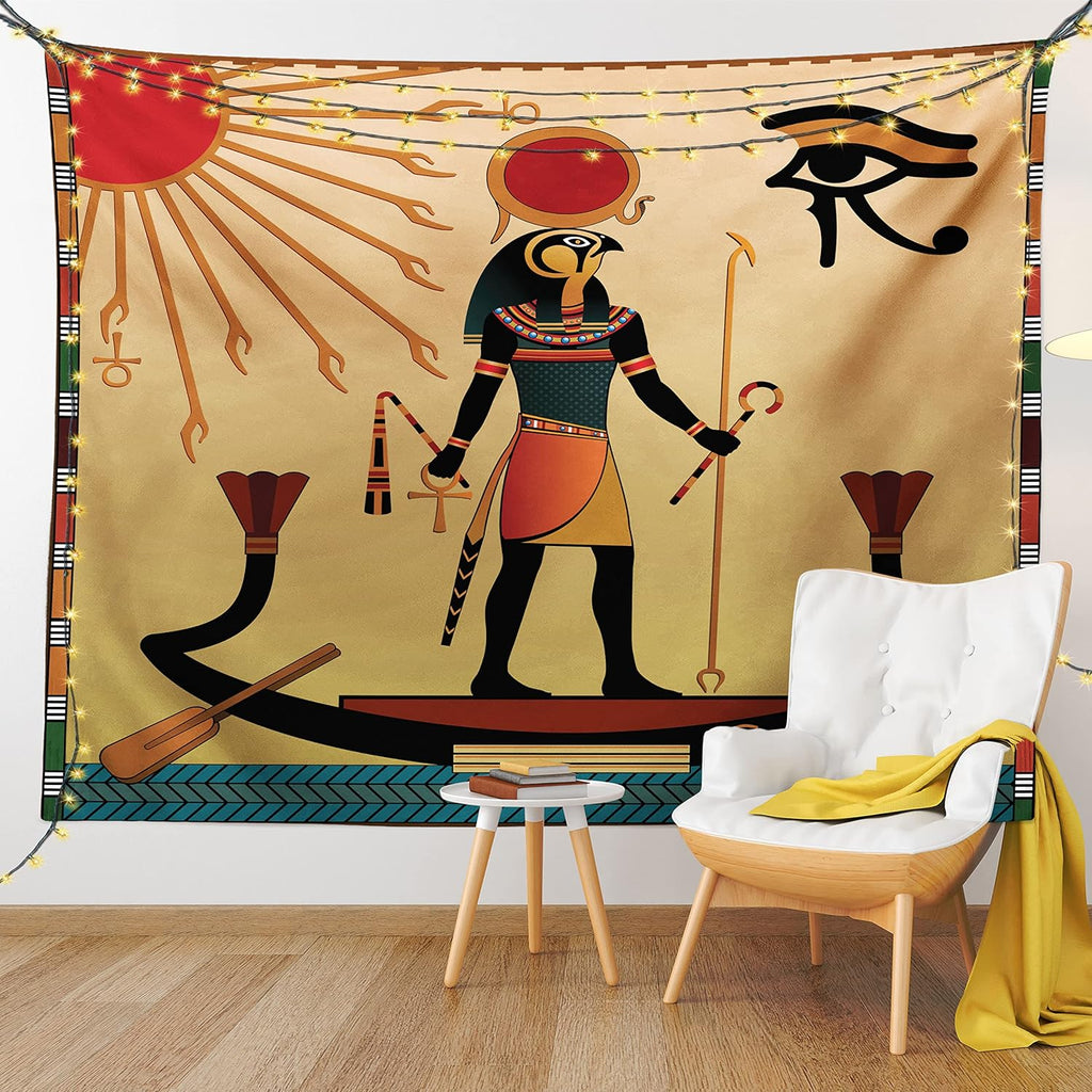 Egyptian Print Tapestry Queen Size, Sun Old Egyptian Timeless Grace Antique Tradition Illustration, Wall Hanging Bedspread Bed Cover Wall Decor, 88" X 88", Cream Red