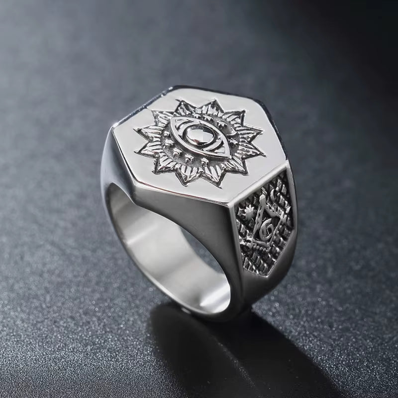 All Seeing Eye Ring Men'S 316L Stainless Steel AG Masonic Rings Heavy Metal Freemason Biker Jewelry Dropshipping Store