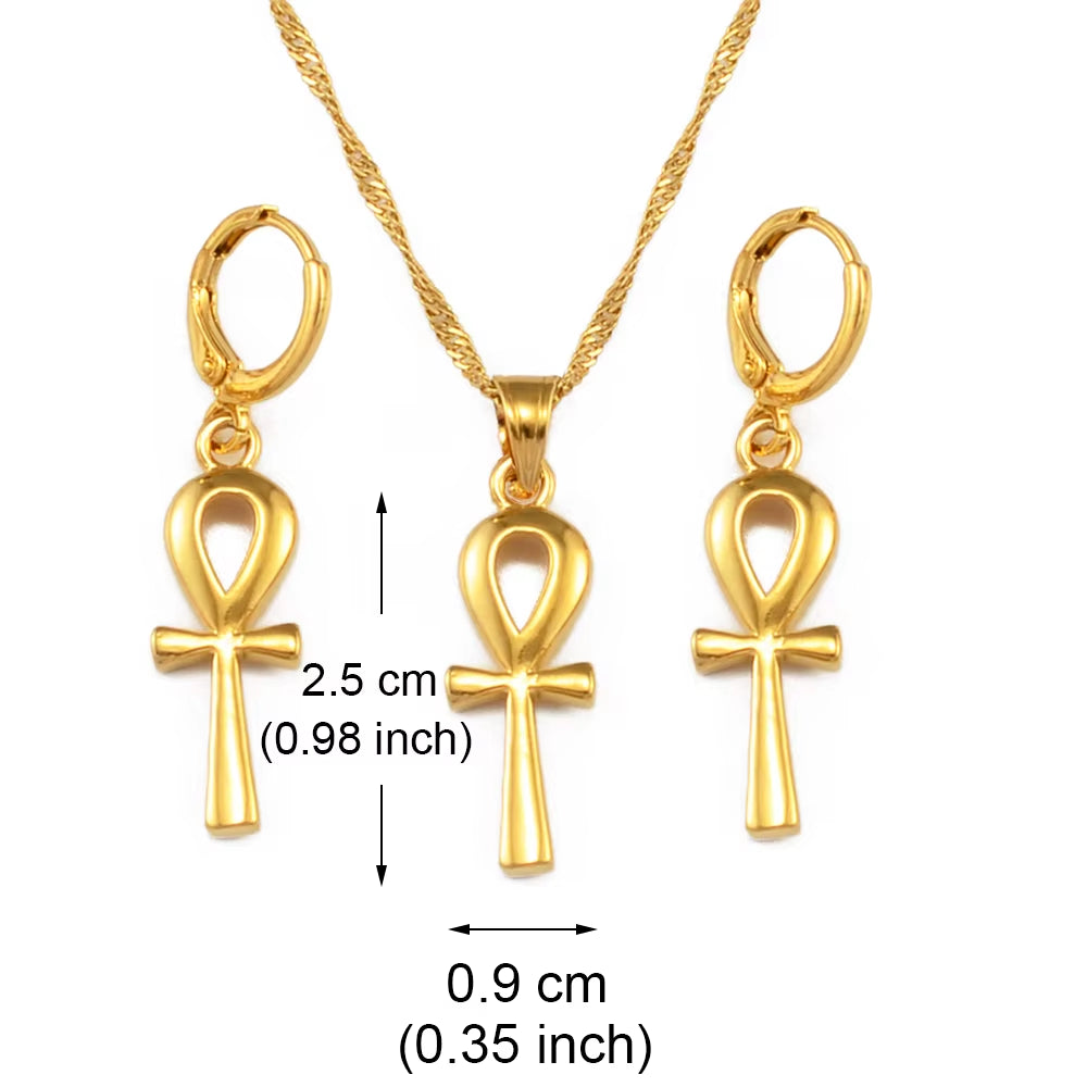 Egyptian Ankh Cross Pendant Necklaces Earrings Jewelry Sets for Women Egypt Hieroglyphs,Crux Ansata #054902