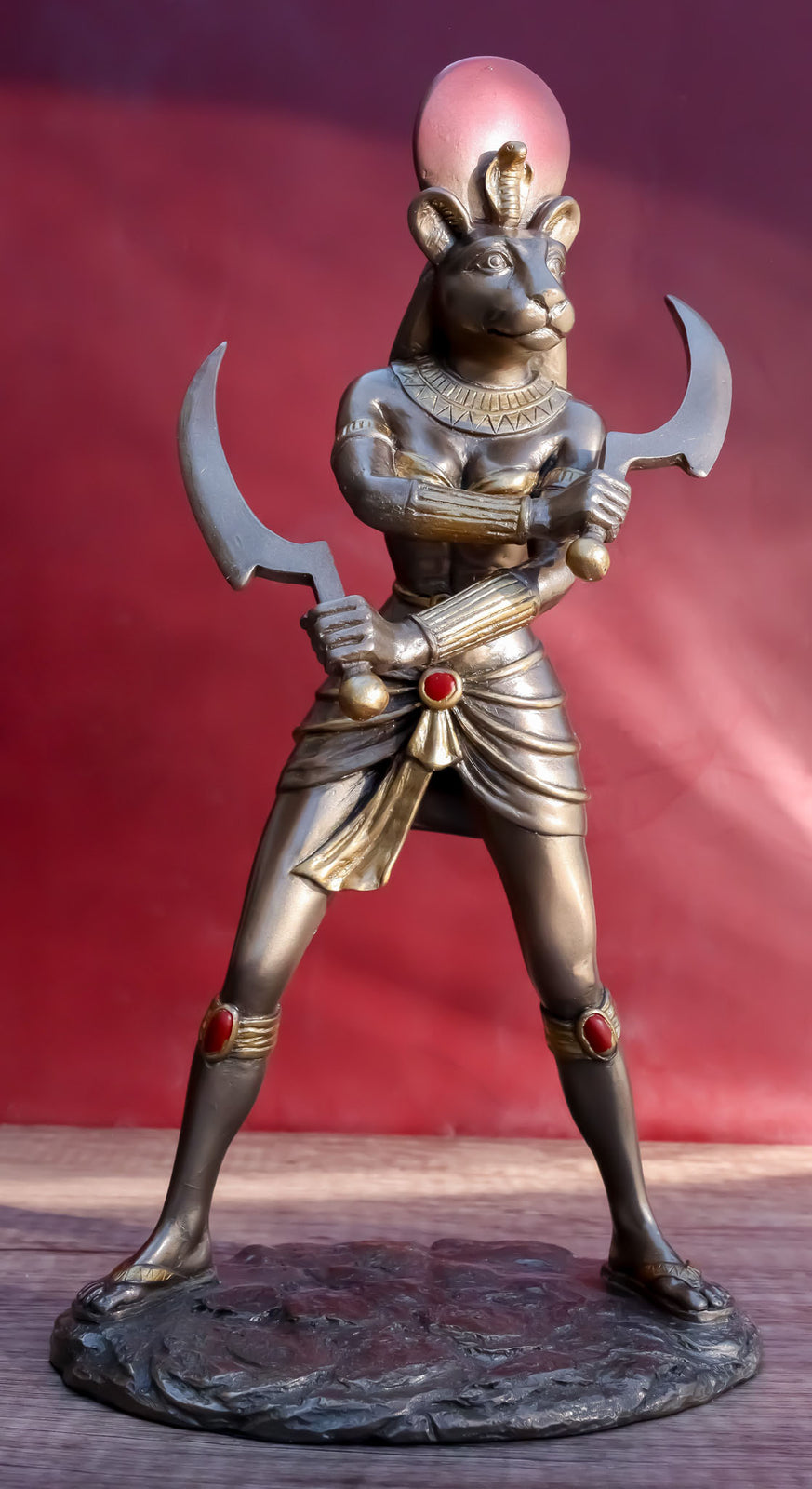 Classical Egyptian Goddess Sekhmet Ra with Solar Disc and Uraeus Statue 11"H