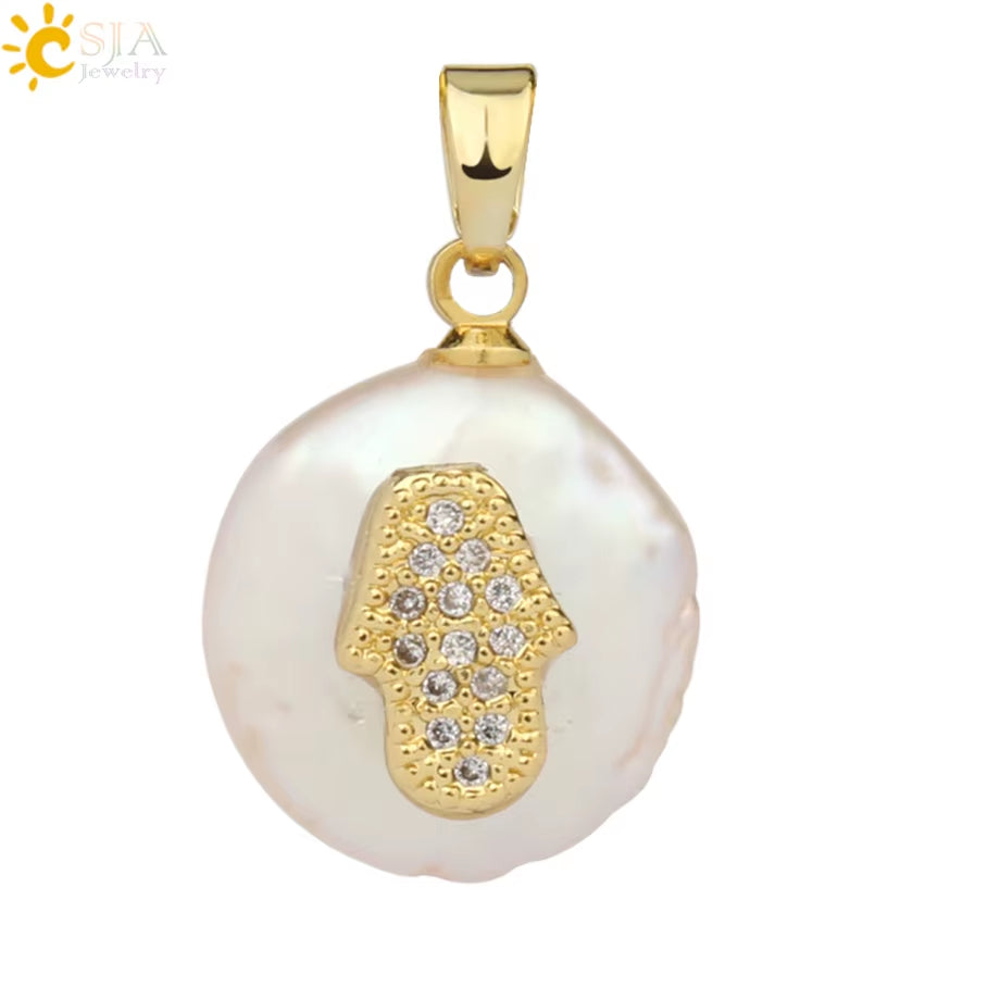 CSJA Coin Freshwater Pearl Pendants Small Size Evil Eye Hamsa Fatima Hand Zircon Gold Color Necklace Choker for Women Girls G205