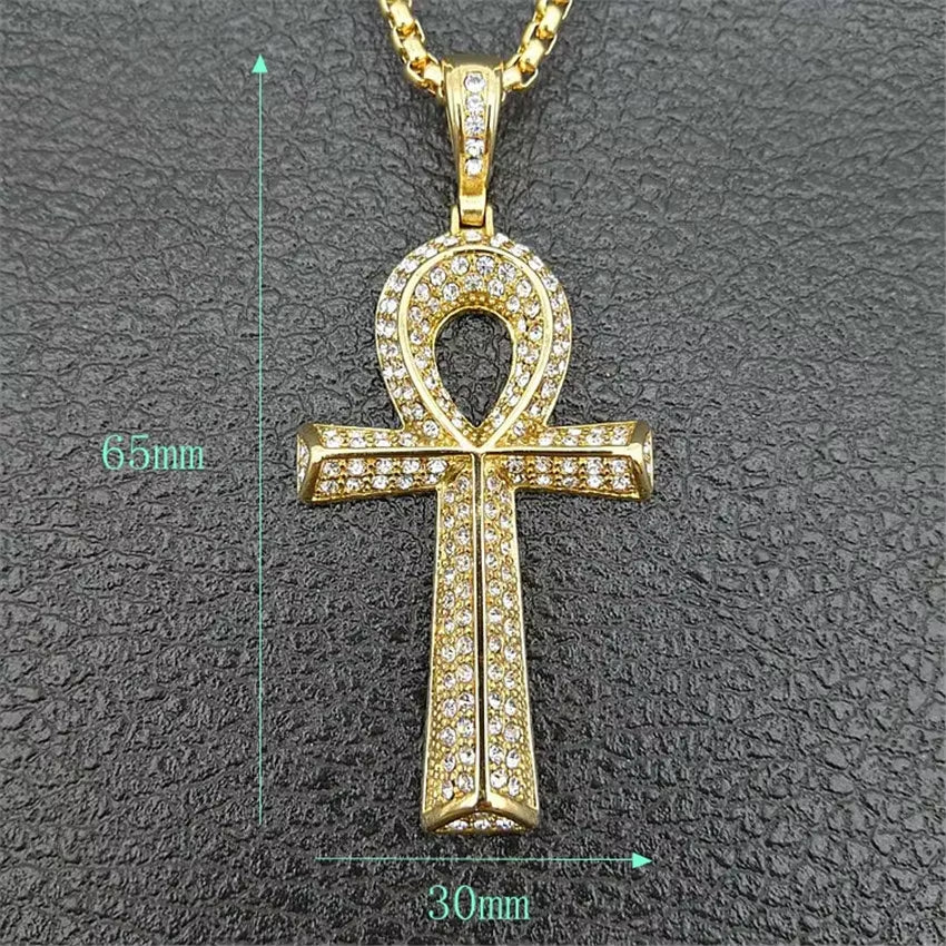 Men'S Egyptian Ankh Cross Pendant with Stainless Steel Chain and Iced Out Bling Full Rhinestones Necklace Hip Hop Egypt Jewelry