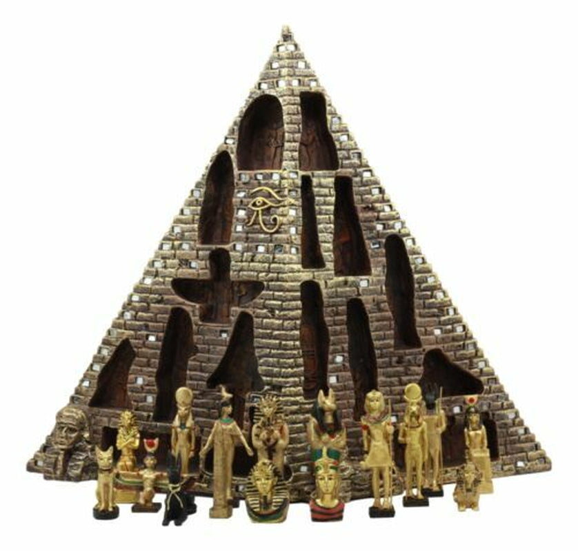Egyptian Pyramid Statue with 16 Miniature Gods Anubis Osiris Isis Maat Bastet