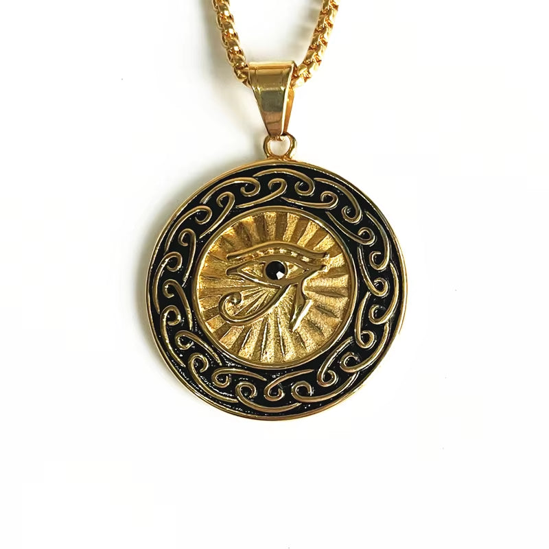 Hip Hop Ancient Egypt round Jewelry Collares Gold Color Stainless Steel Chain Egyptian Eye of Horus Necklaces & Pendants