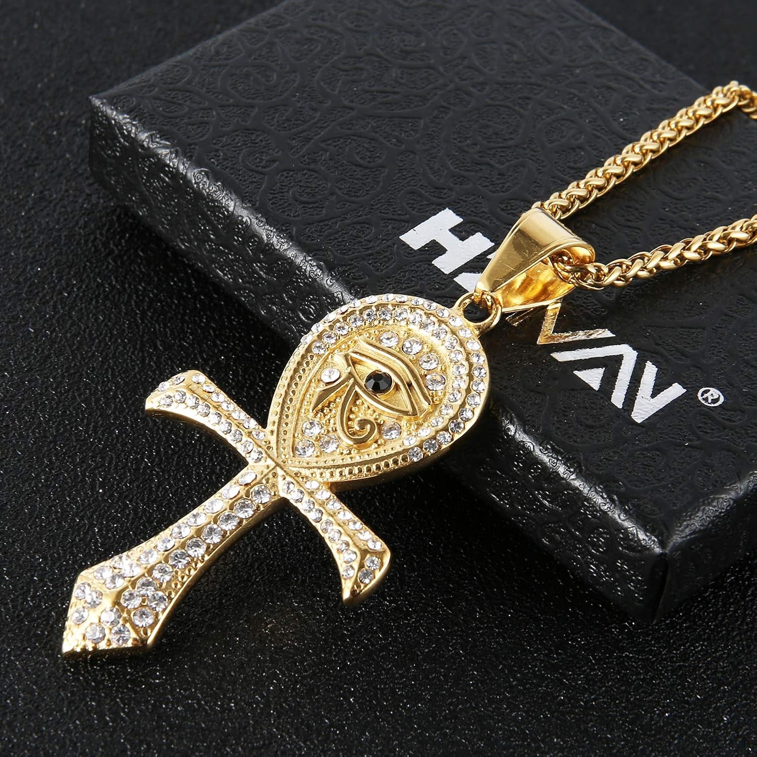 CZ Eye of Horus Egypt Protection Pendant Coptic Ankh Cross Religious Stainless Steel Necklace