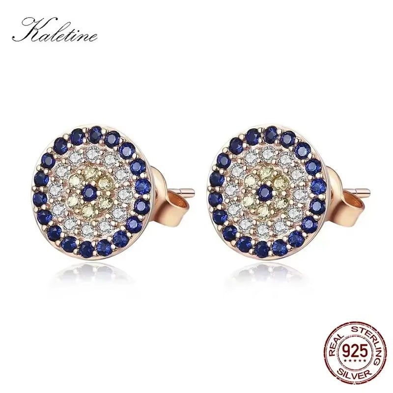 Genuine 925 Sterling Silver CZ Crystal Lucky Turkey Evil Eye Earrings for Women Yellow Rose Gold Jewelry KLTE009