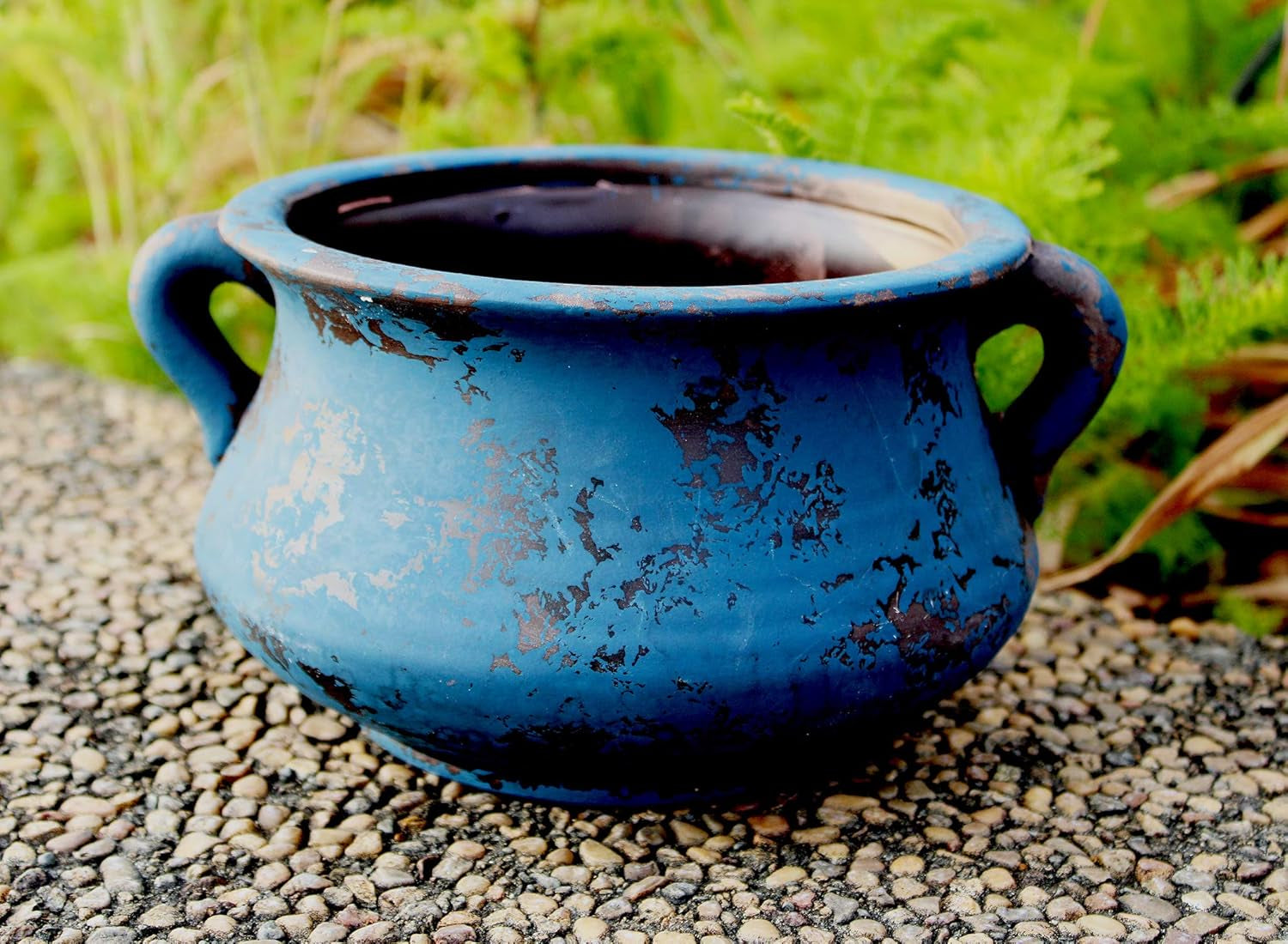 Egyptian Era Designed Earthen Ware Terra-Cotta Vessel/Planter with Looped Handles. Blue