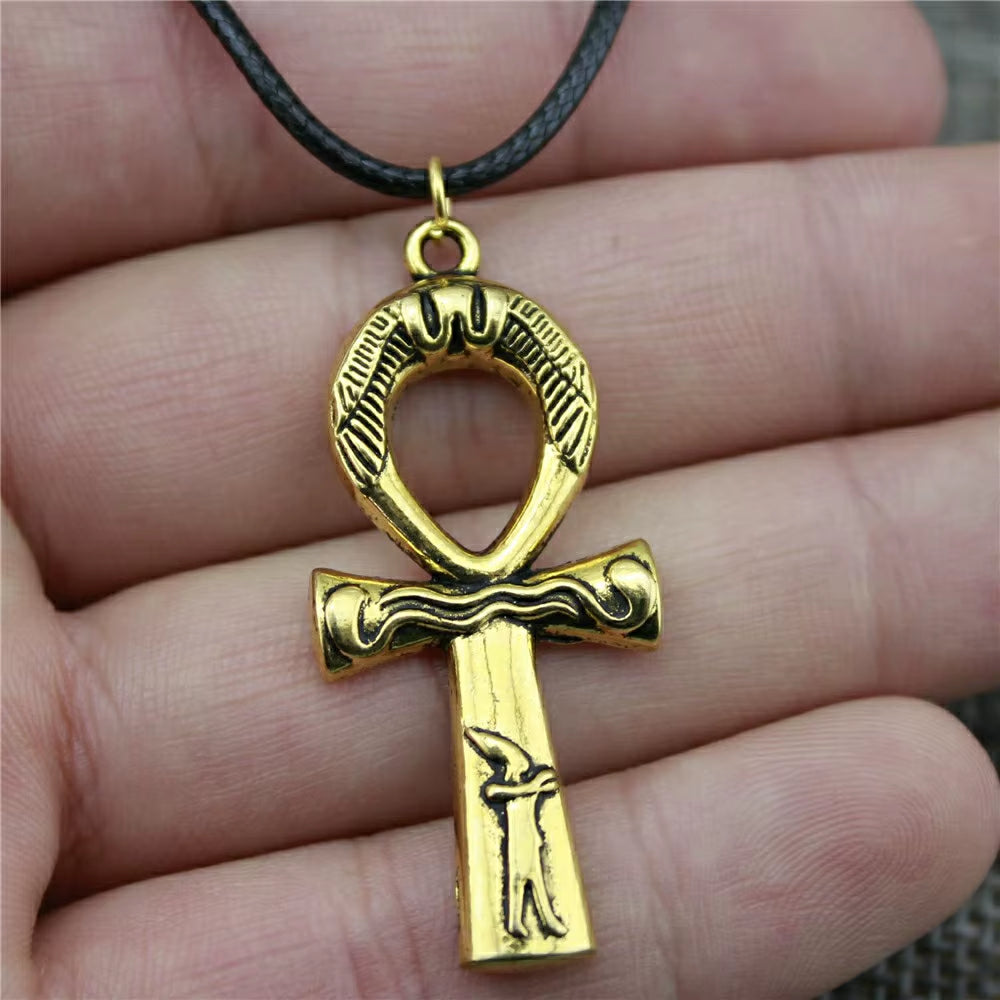 Egypt Ankh Cross Necklace Egypt Ankh Cross Wax Rope Chain Necklace Egypt Ankh Cross Pendant Black Leather Chain Necklace