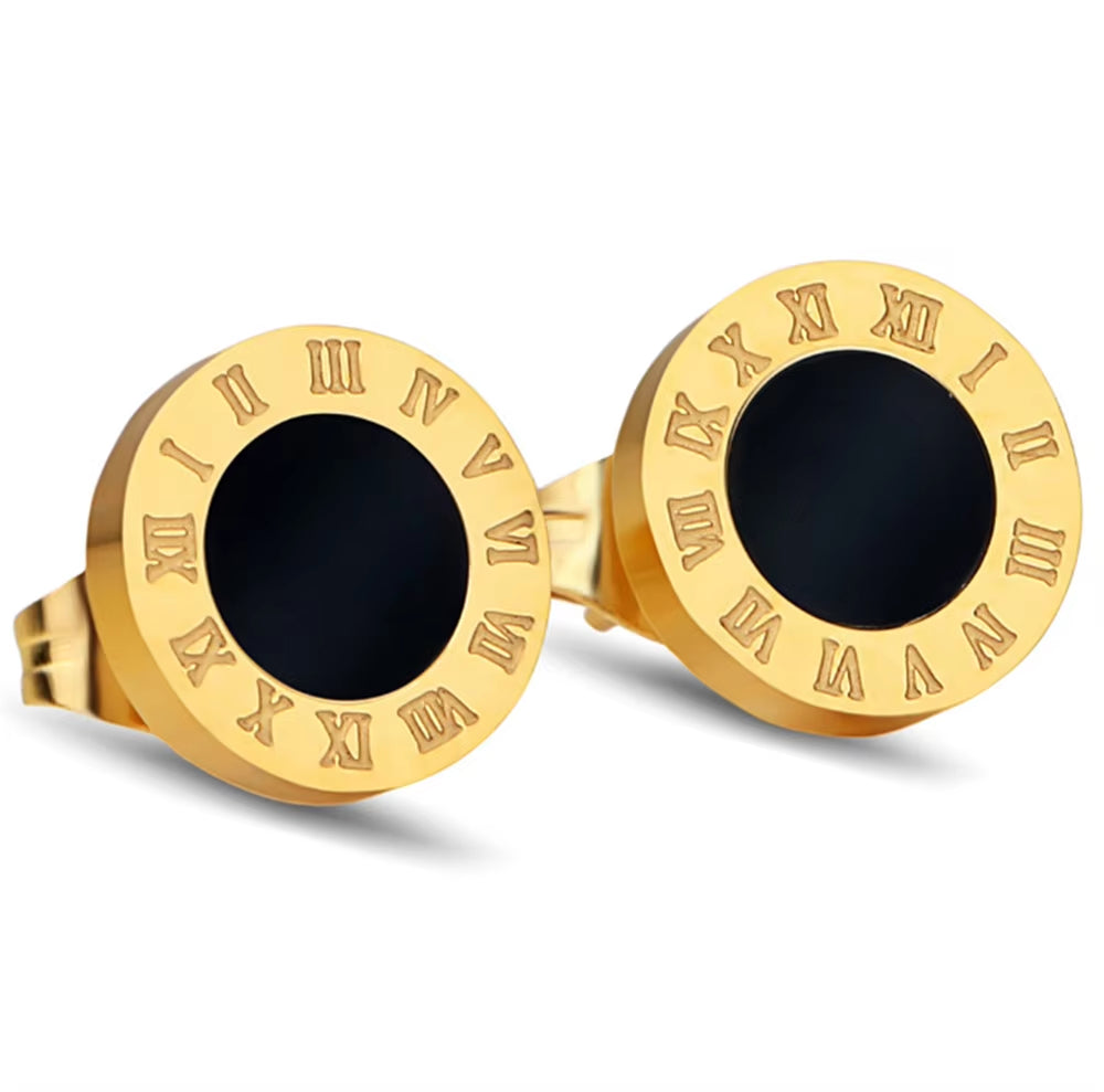 Stainless Steel Jewelry Set Snake Chain Necklace & Roman Numeral - Inscribed Earrings with Black Inlays