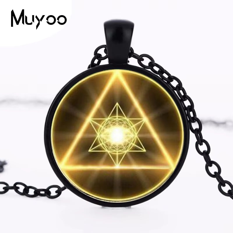 Gold Sacred Geometry Cabochon Glass Tibet round Chain Pendant Necklace HZ1