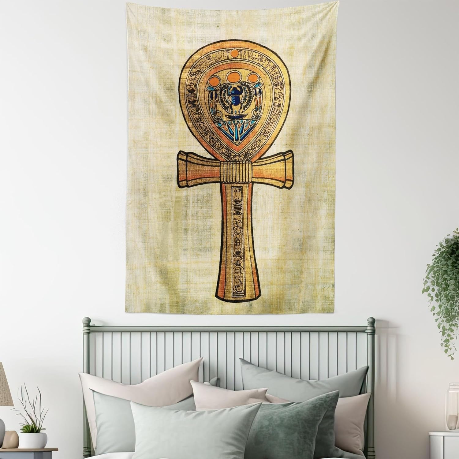 Egyptian Print Tapestry, Papyrus Presenting the Key of Life Traditional Empire Egyptian, Wall Hanging for Bedroom Living Room Dorm Decor, 40" X 60", Cream Orange