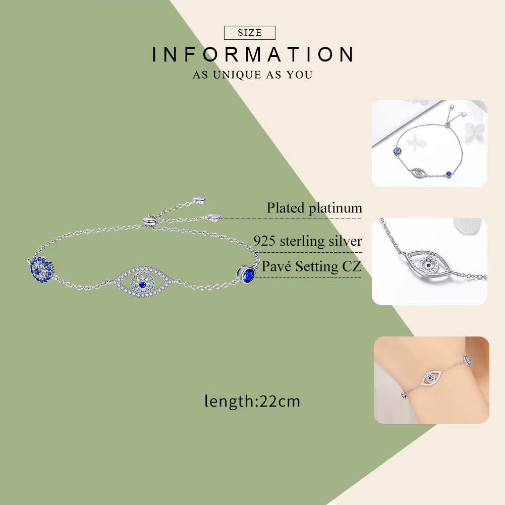 100% 925 Sterling Silver Blue Zircon Evil Eyes Bracelet Guardian Eye Chain for Women Gift Fine Jewelry SCB089
